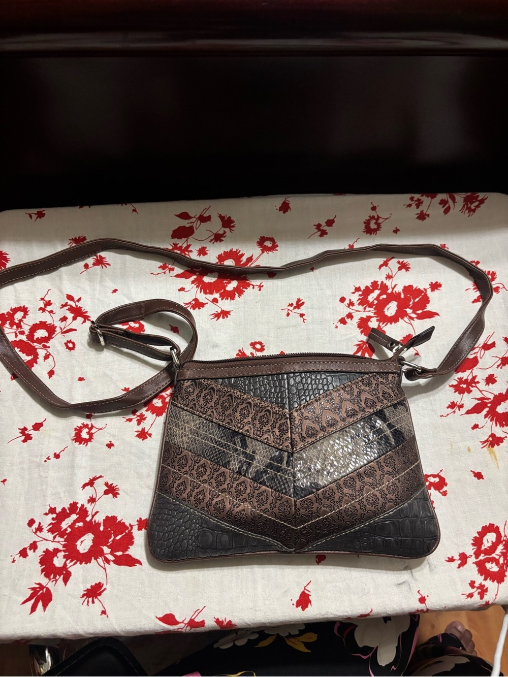 Vintage leather patchwork animal print crossbody bag